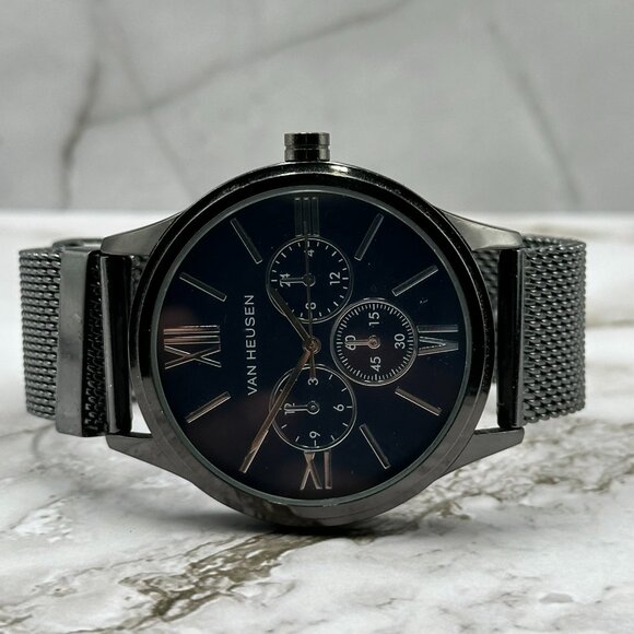 Van Heusen Watch Men Gunmetal Tone Blue Dial 44MM Mesh Band New Battery 10" - Picture 9 of 14
